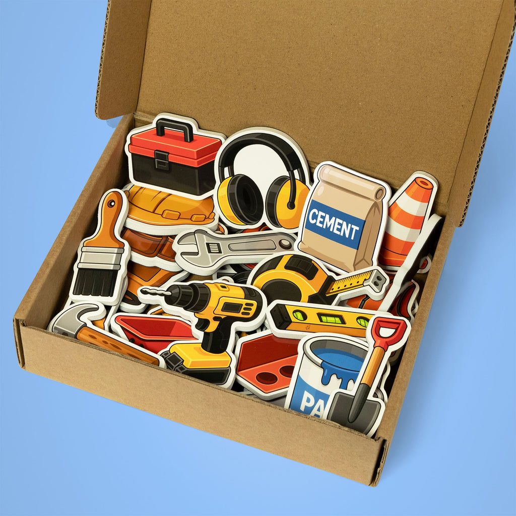 Tiny Builder magnet set in its box, updated angled product photo